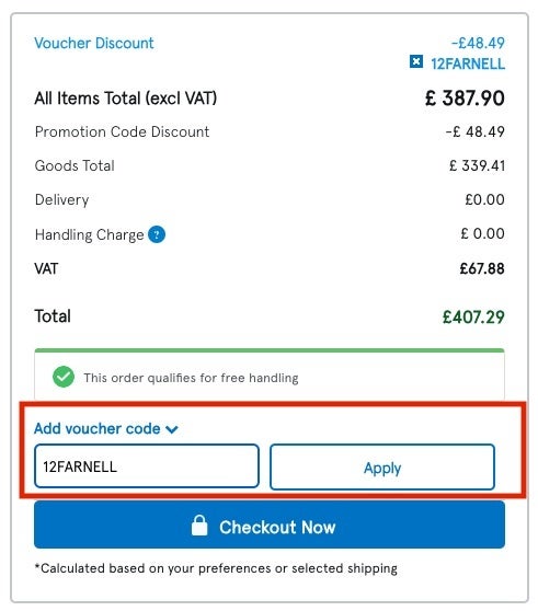 How to add Farnell discount code