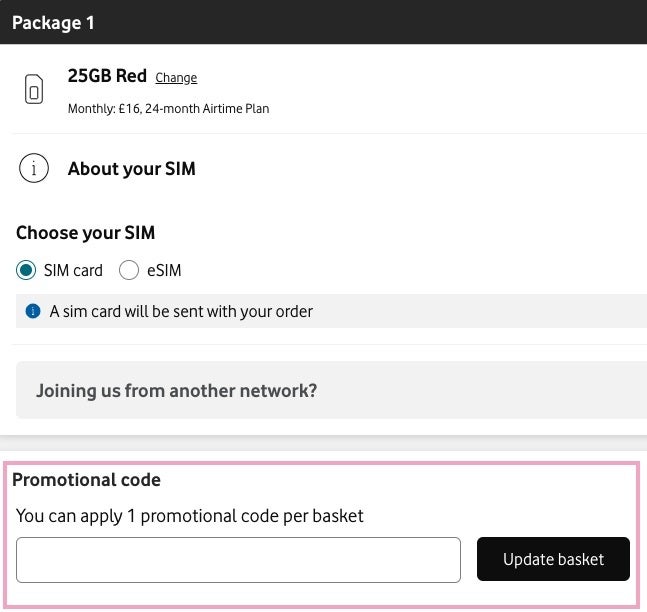 Vodafone checkout with code